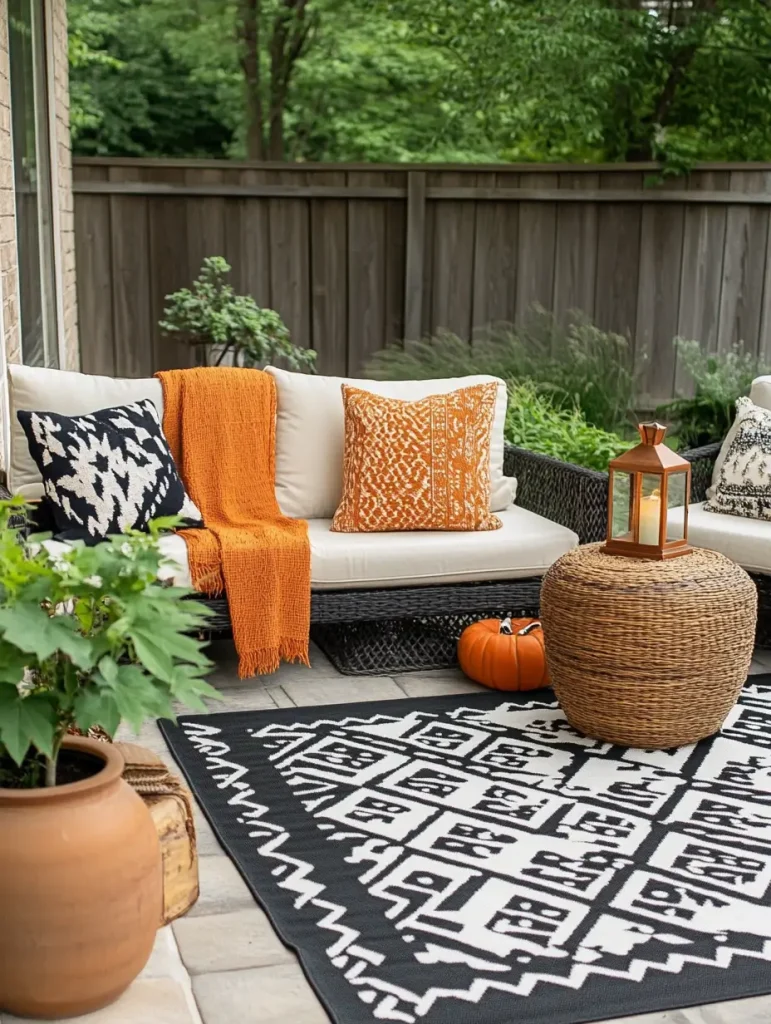 Cozy patio seating area with patterned outdoor rug, orange accents, and wicker coffee table.