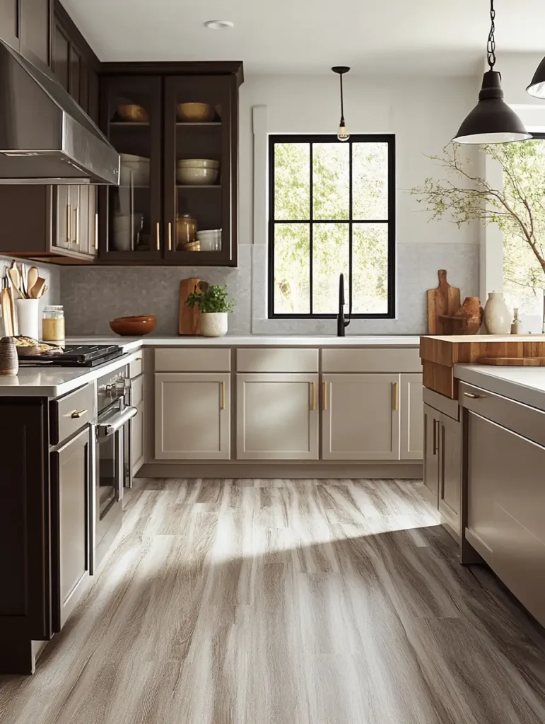Modern kitchen with light wood refinished flooring and contrasting two-tone cabinets.