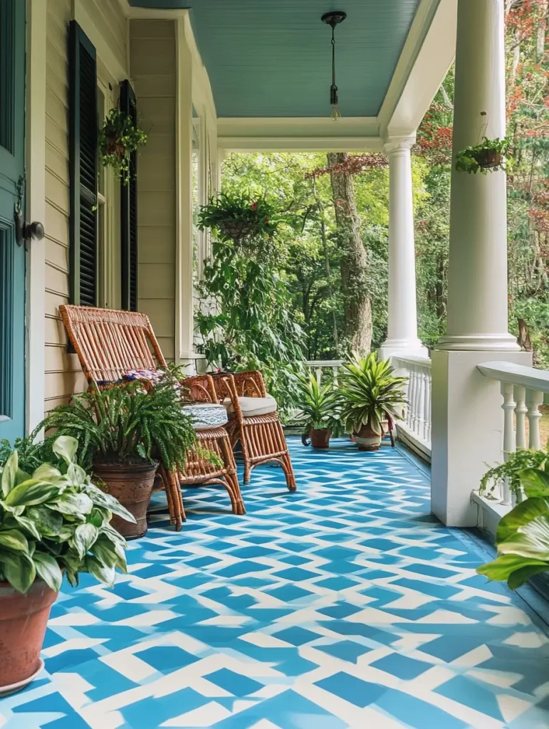 Colorful blue and white stenciled patio floor with potted plants and wicker seating on a cozy front porch.