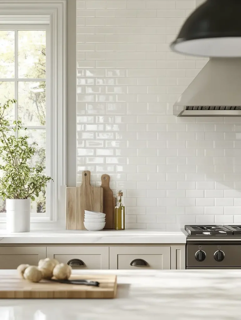 Bright kitchen with glossy white subway tile peel-and-stick backsplash and neutral cabinets.