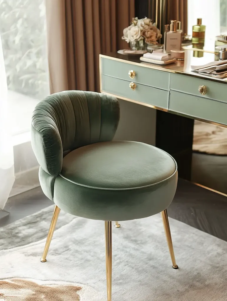 Velvet vanity chair with gold legs beside a green and gold-accented vanity table.