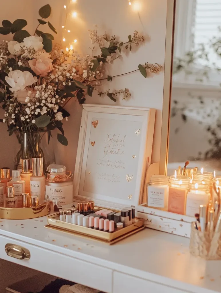 Vanity table with candles, floral decor, framed quote, and makeup neatly arranged.