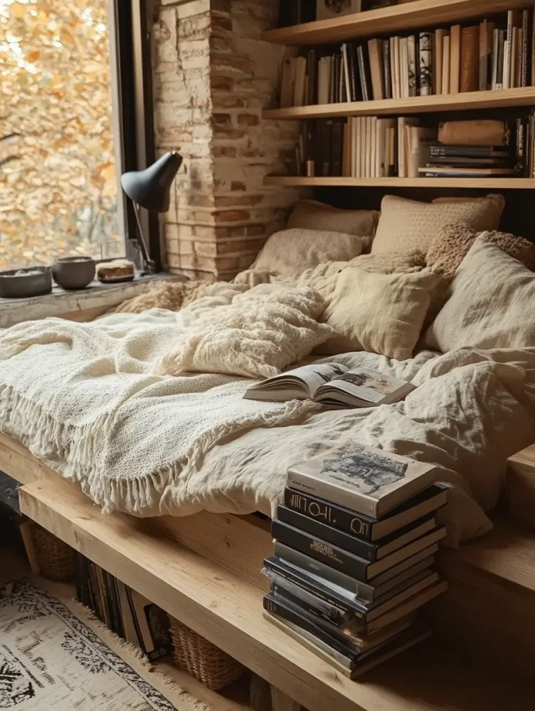 Cozy platform bed reading nook with bookshelves, throw pillows, and a window view.