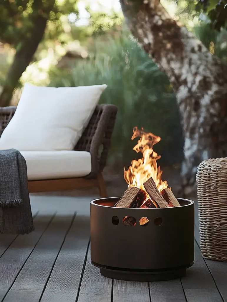 Modern outdoor fire pit with flames and a cushioned lounge chair in a cozy patio setting.