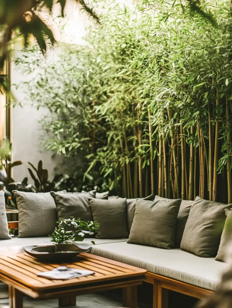 Outdoor seating area with a wooden sofa and tall potted bamboo plants used as a natural privacy screen.