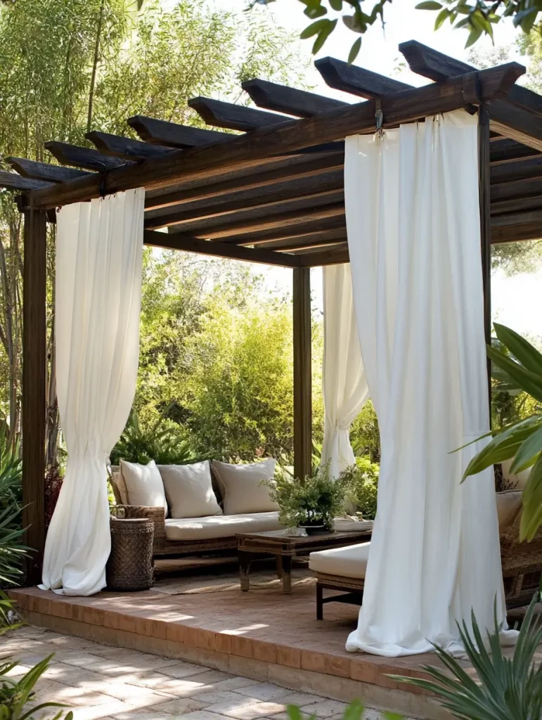 Outdoor seating area with a wooden pergola and flowing white curtains for added privacy and shade.