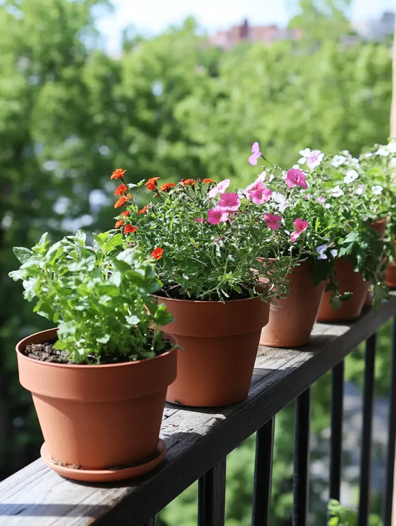 Terracotta pots with vibrant flowers and herbs lined up on a sunny balcony railing.