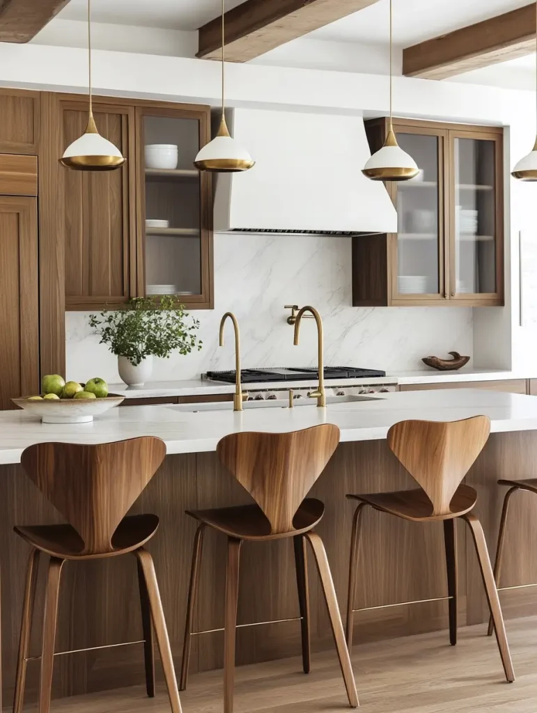 Modern kitchen with wooden cabinets, white countertops, pendant lights, and a central island with stylish wood barstools for an open, functional layout.