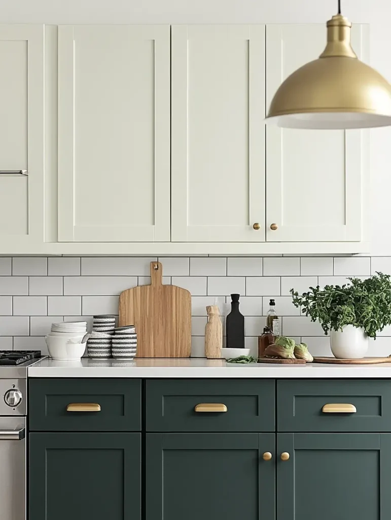 Two-tone kitchen cabinets with upper white doors and lower forest green doors, featuring brass handles and a white subway tile backsplash.