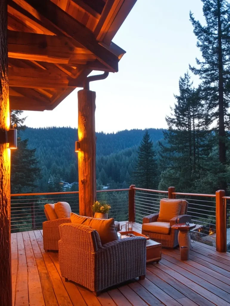 Rustic deck with wood posts and cable railing overlooking a forested mountain view.