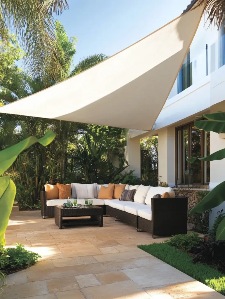 Outdoor patio with a beige shade sail providing sun protection over a wicker sectional sofa and coffee table.