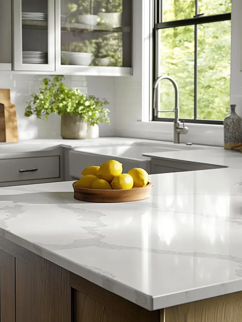 Modern kitchen with white quartz countertops, a bowl of lemons, and large window for natural light.