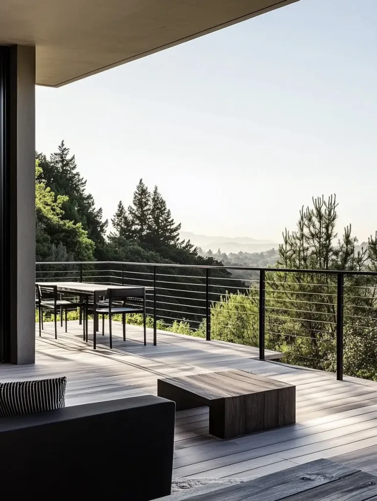 Modern deck with slim post cable rail system overlooking a scenic mountain landscape.