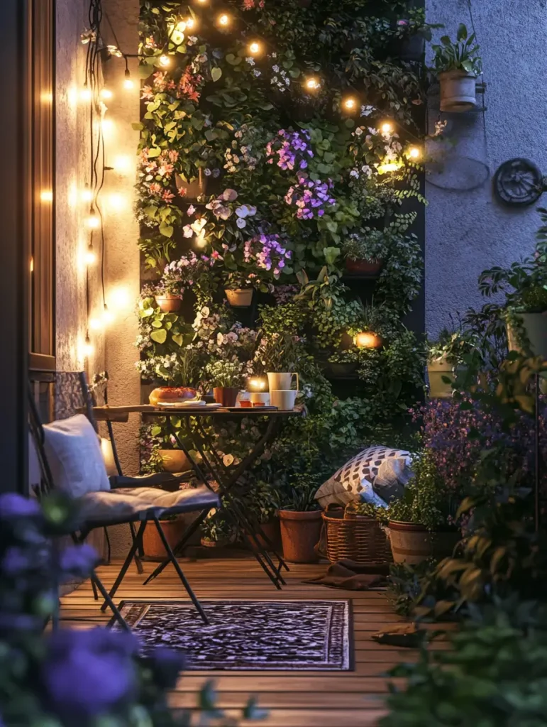 Romantic small patio with string lights, vertical flower wall, and cozy seating.