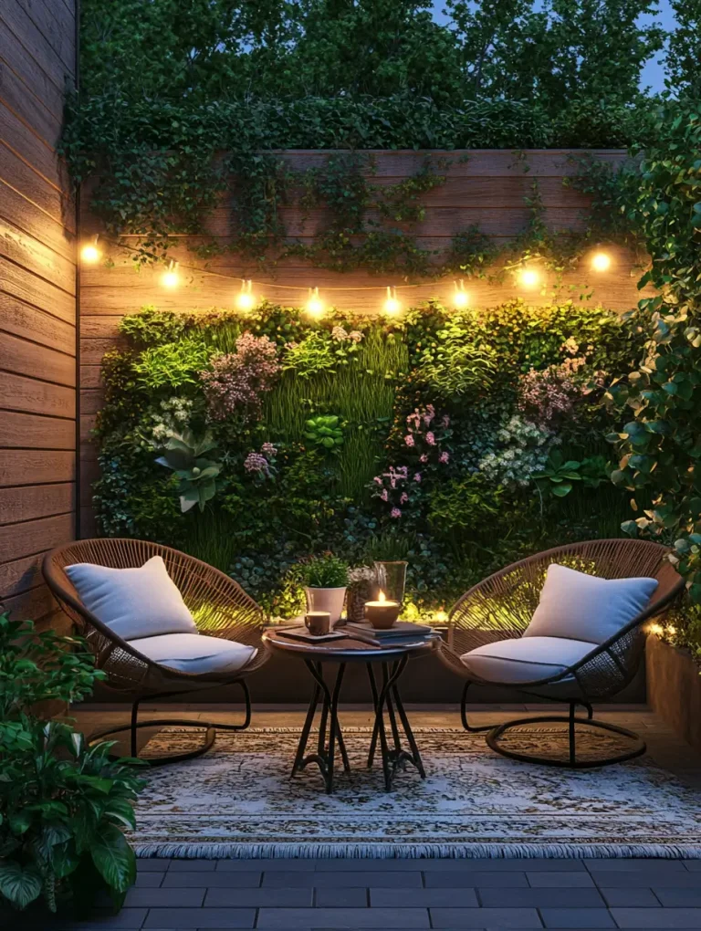 Cozy small patio with string lights, greenery wall, and two lounge chairs.