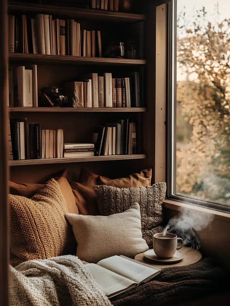 Cozy reading nook with neutral pillows, knit blanket, open book, and a steaming cup of coffee near a bookshelf and window.