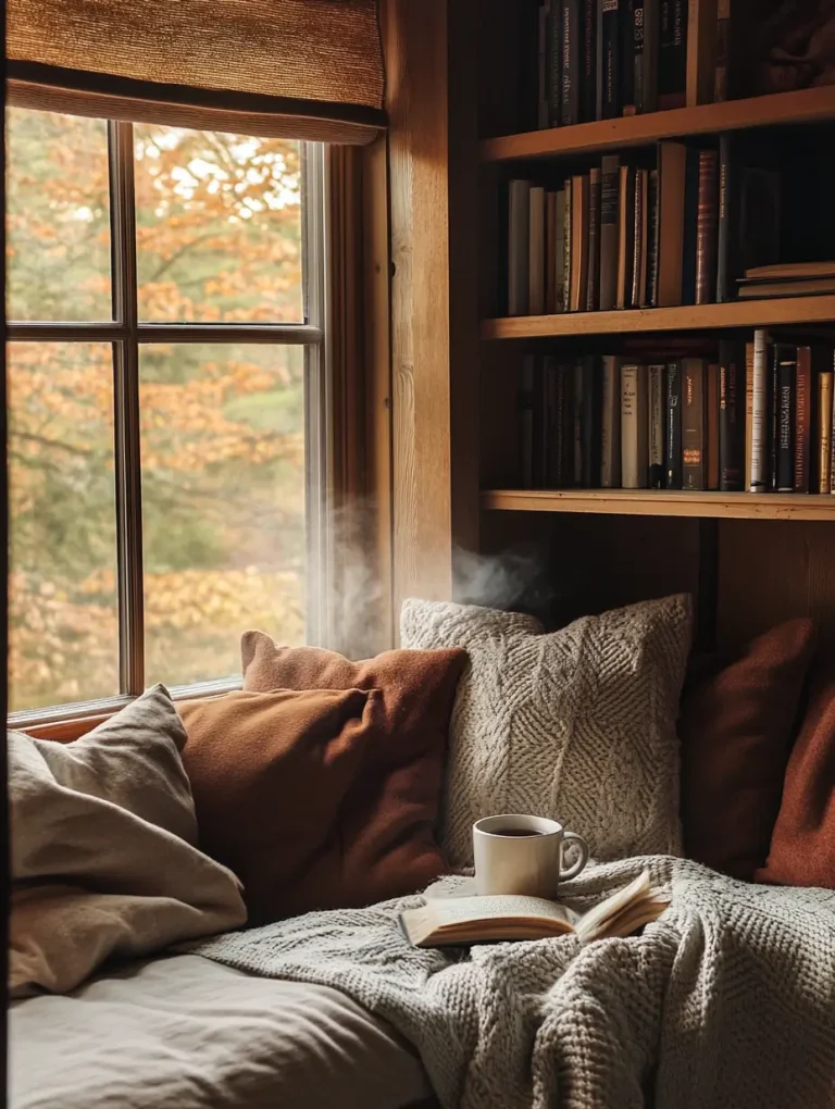 Cozy reading nook with throw pillows, blanket, a steaming mug, and a book by the window.