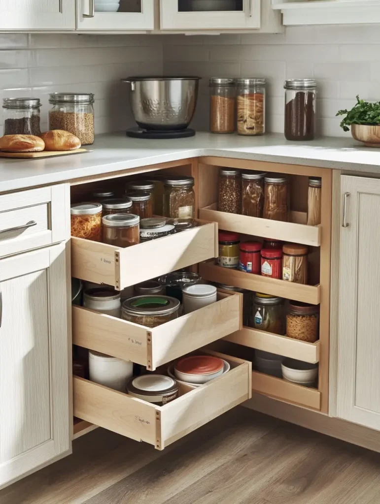 Corner kitchen cabinet with pull-out wooden drawers storing jars, cans, and pantry staples for efficient space utilization.