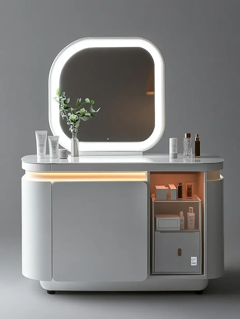 Modern smart vanity with LED mirror, built-in lighting, and tech-integrated storage.