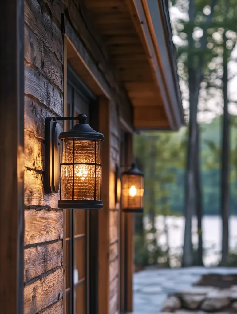 Rustic outdoor wall sconces glowing warmly on a wooden cabin exterior at dusk.