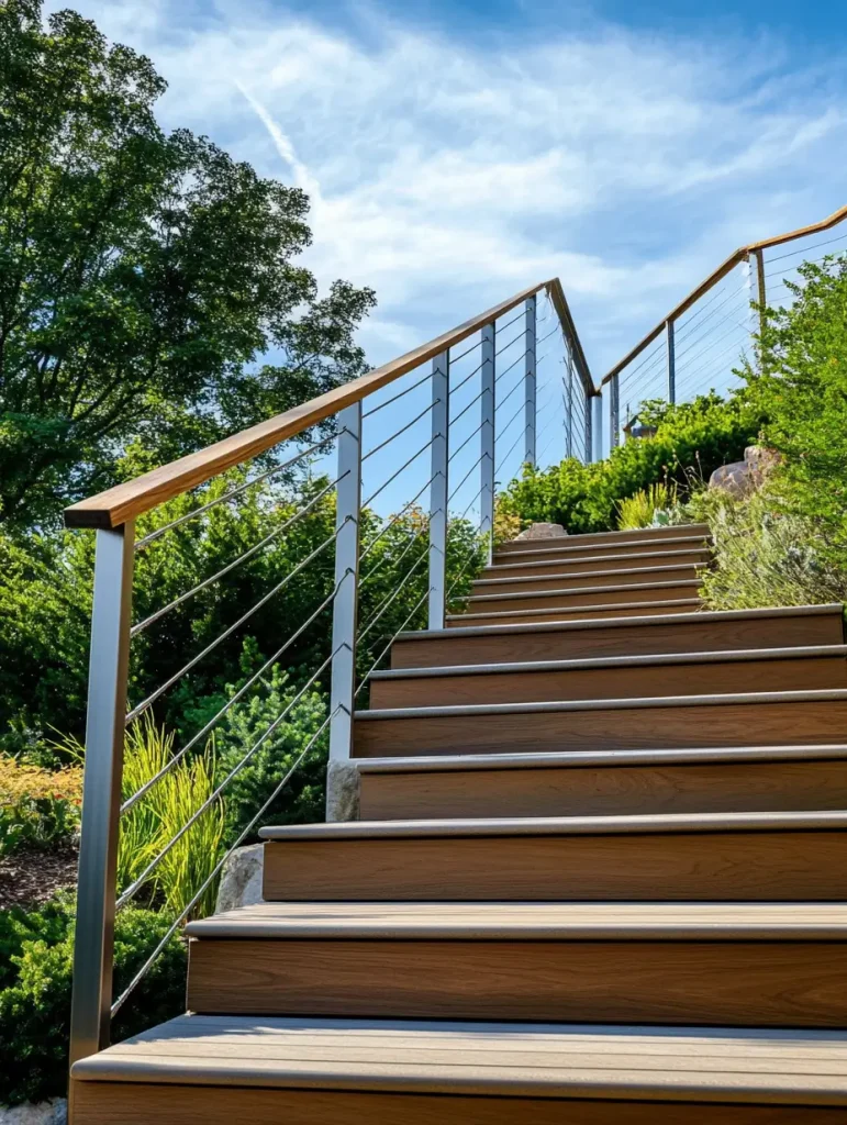 Outdoor staircase with angled cable railing system and wooden steps.
