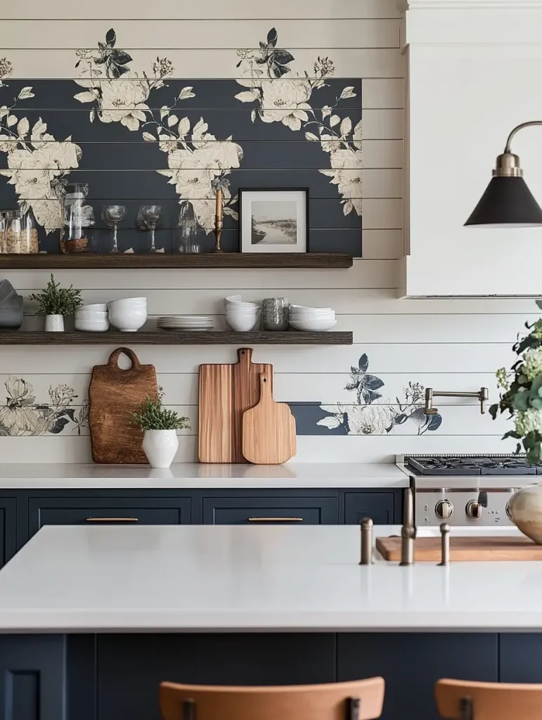 Kitchen with a bold floral statement wall featuring navy and cream tones, white countertops, and open wooden shelves.