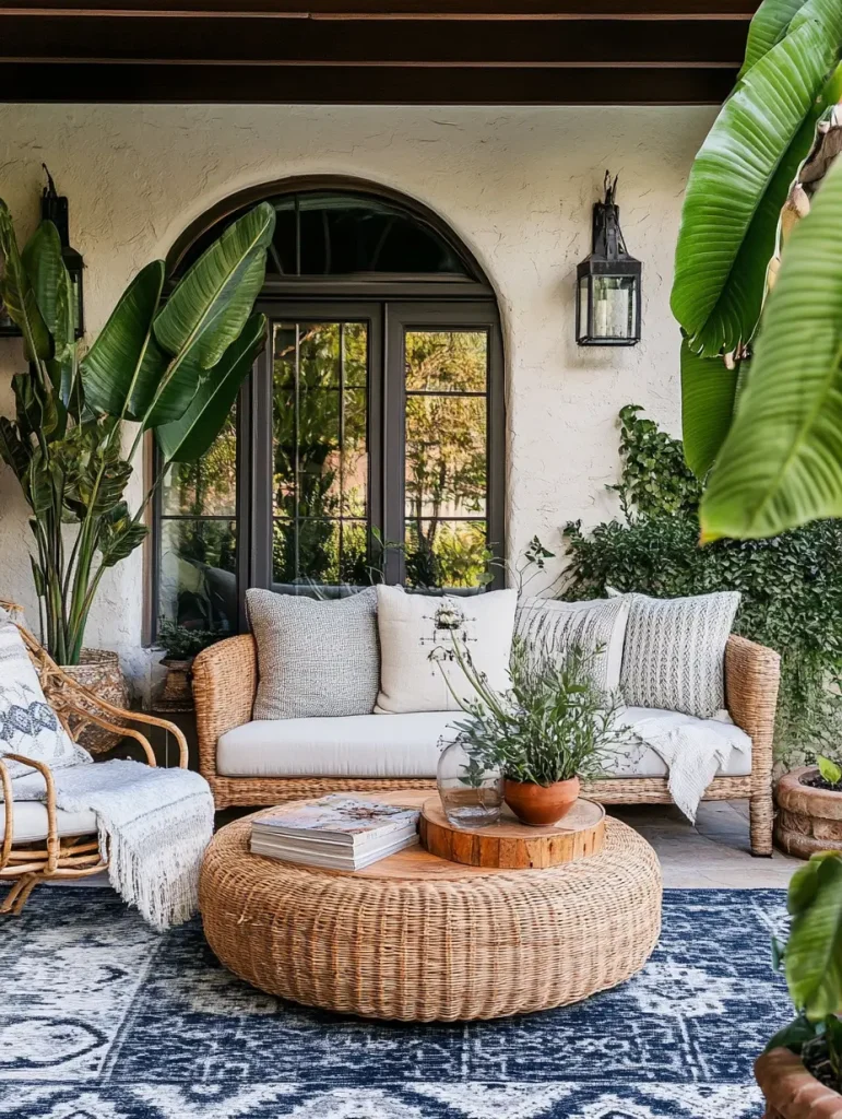 Boho-inspired patio with rattan furniture, cozy textiles, tropical plants, and a patterned rug.