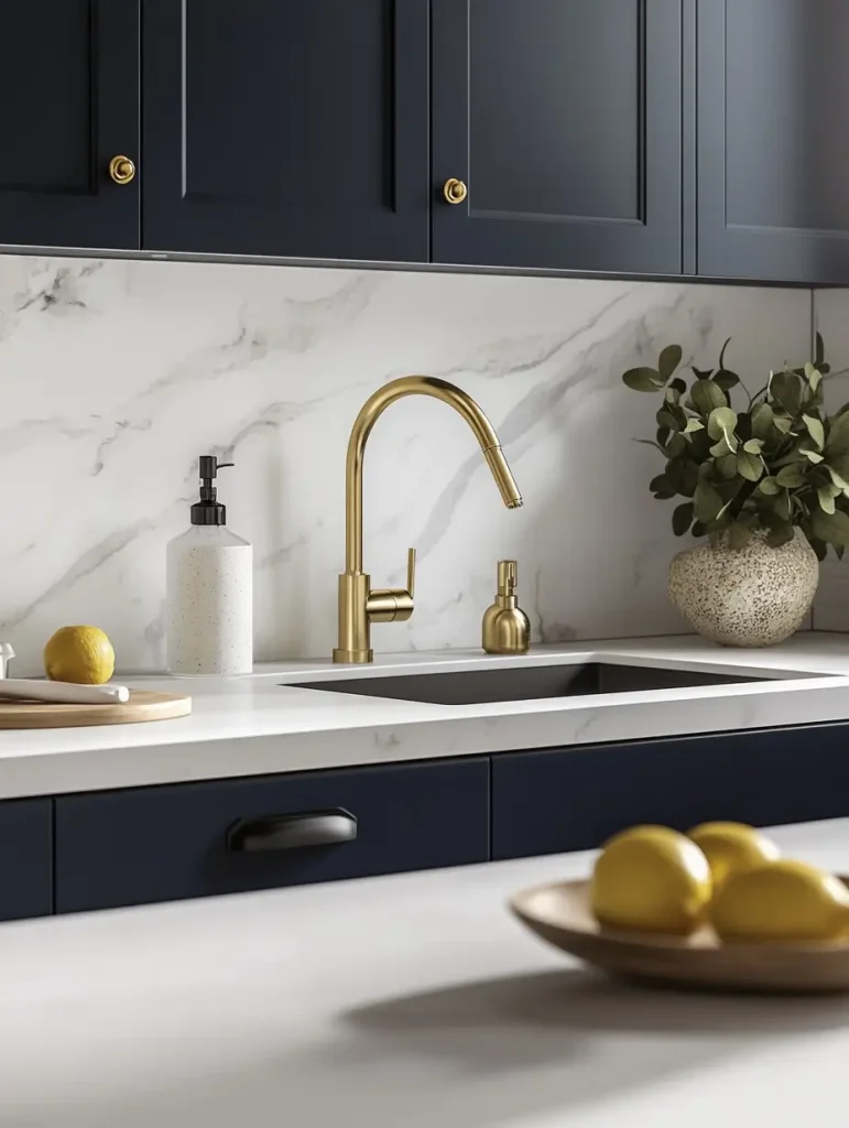 Modern kitchen with navy lower cabinets, gold hardware, white countertops, and white upper cabinets, featuring a gold faucet and marble backsplash.