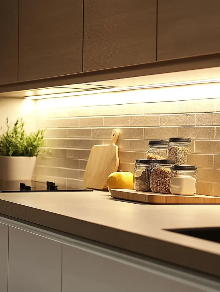 Modern kitchen with under-cabinet lighting illuminating a neutral backsplash and countertop.