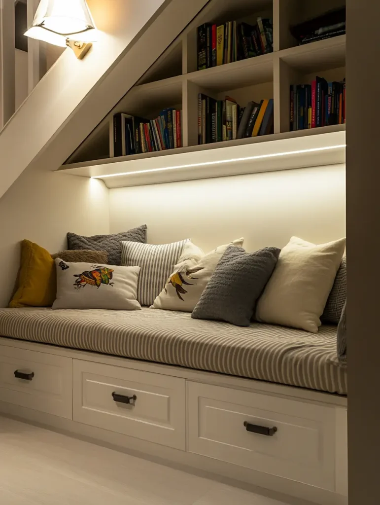 Cozy reading nook built under the stairs with a cushioned bench, decorative pillows, and built-in bookshelves.