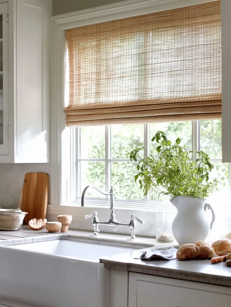 Bright kitchen window with bamboo Roman shades, farmhouse sink, and natural light illuminating the counter space.