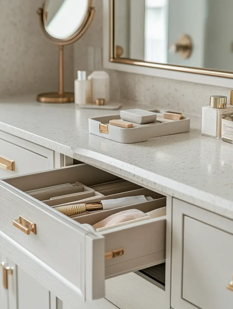 Organized vanity drawer with gold-accented tools and countertop mirror in a neutral-toned shared space.