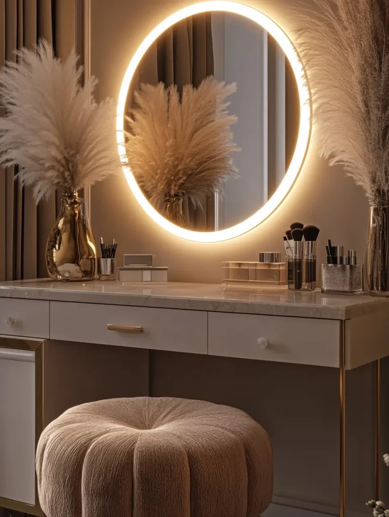 Elegant vanity setup with a round LED mirror, pampas grass, and plush stool in a cozy, modern room.