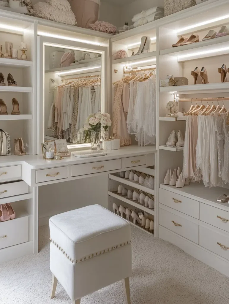 Luxurious walk-in closet with built-in vanity, mirrored lighting, and organized shelves for clothes, shoes, and accessories.