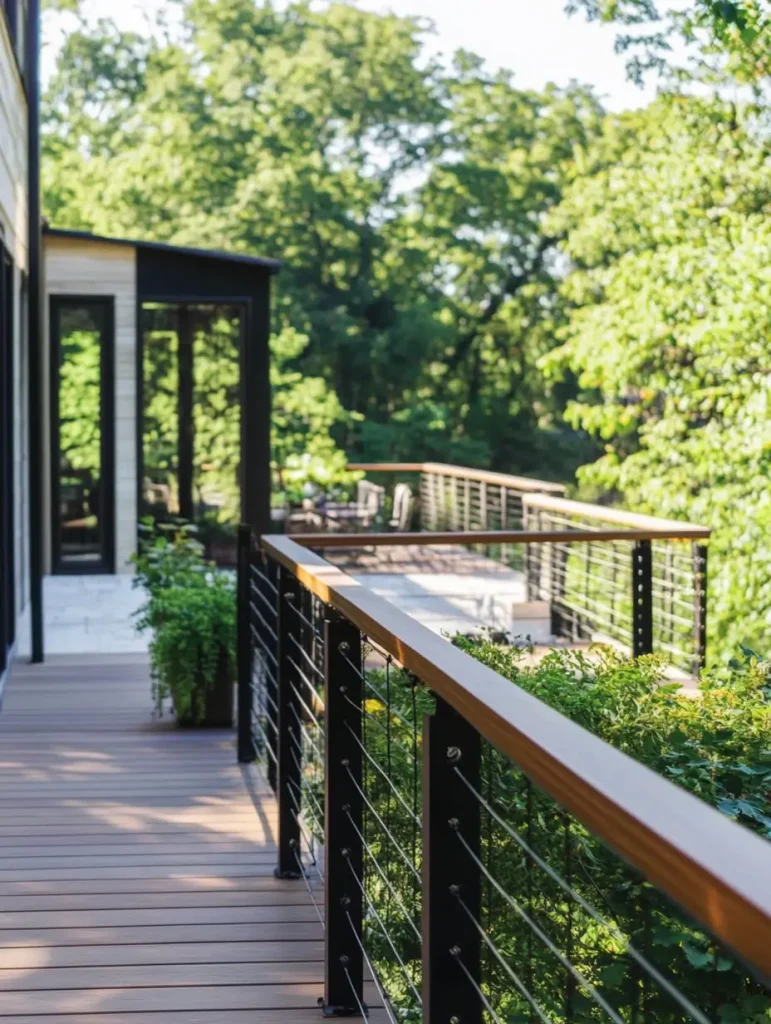 Modern deck with vertical cable railing and wooden handrail surrounded by greenery.