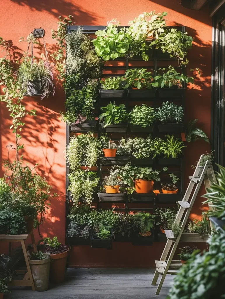 Vertical garden with lush greenery on a red patio wall and potted plants on the floor.