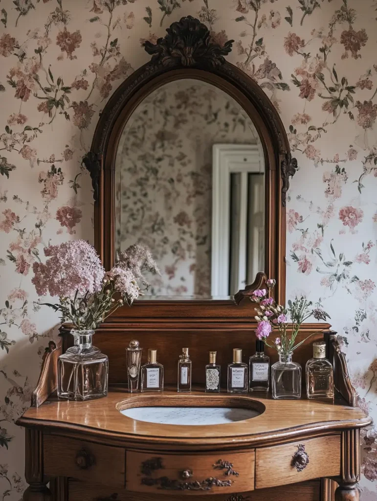 Antique wooden vanity with ornate mirror, vintage perfume bottles, and floral wallpaper.