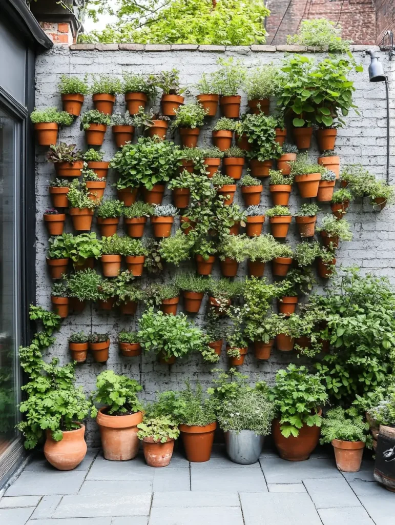 Vertical garden with terracotta pots mounted on a gray brick wall, filled with various herbs and greenery.
