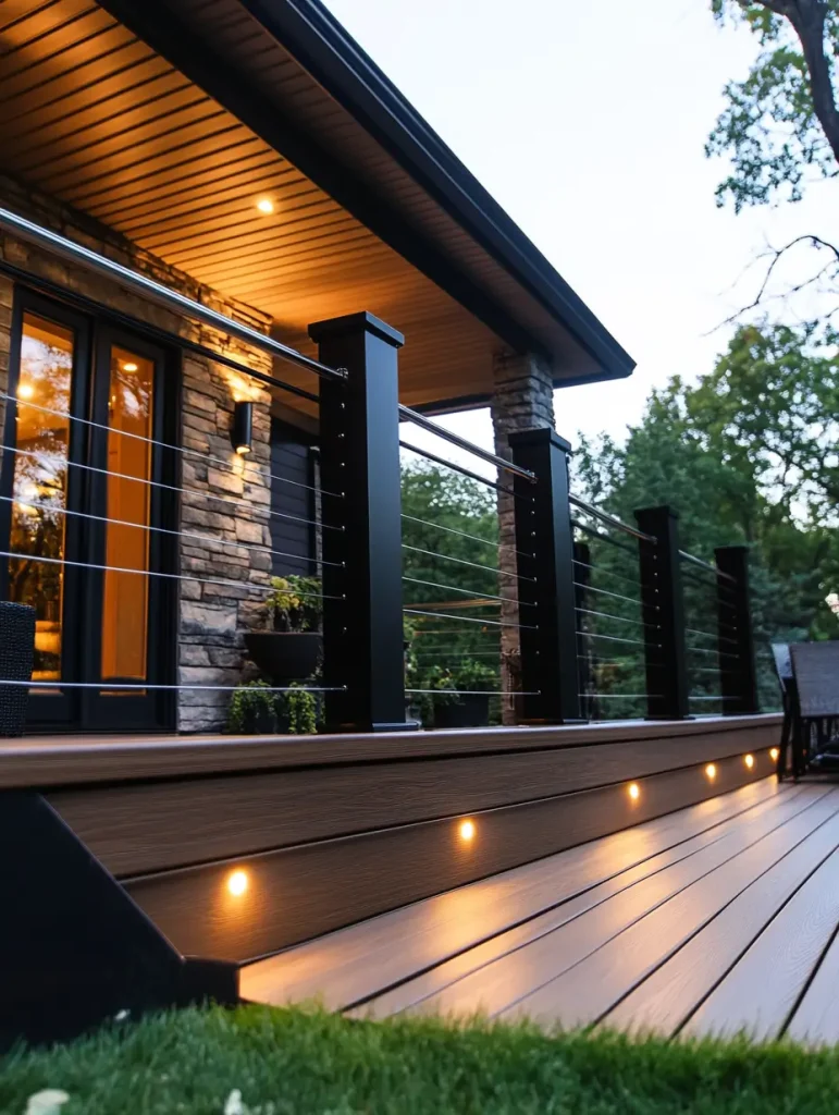Evening view of a deck with warm wood top rails, metal posts, and integrated step lighting.