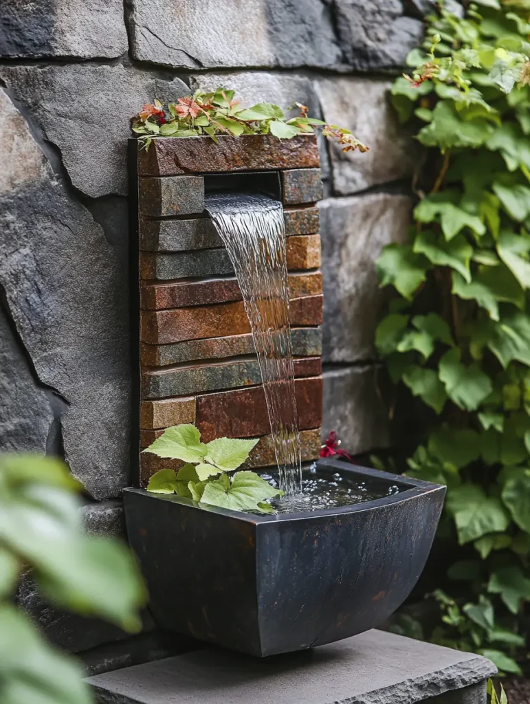 Modern stone wall water fountain with cascading water and greenery in a backyard patio.