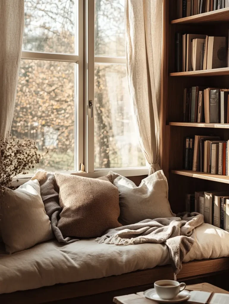 Window seat reading nook with soft neutral pillows, a cozy blanket, and a bookshelf filled with books.