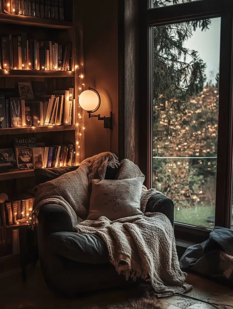 Cozy reading nook with string lights, built-in bookshelves, and a soft armchair.