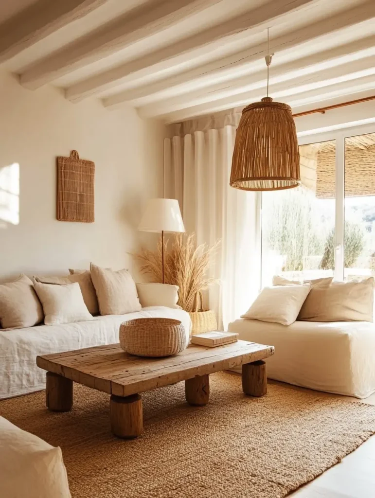 Cozy earthy living room with natural light, a rustic wood coffee table, and soft, ambient lighting from a woven pendant lamp.
