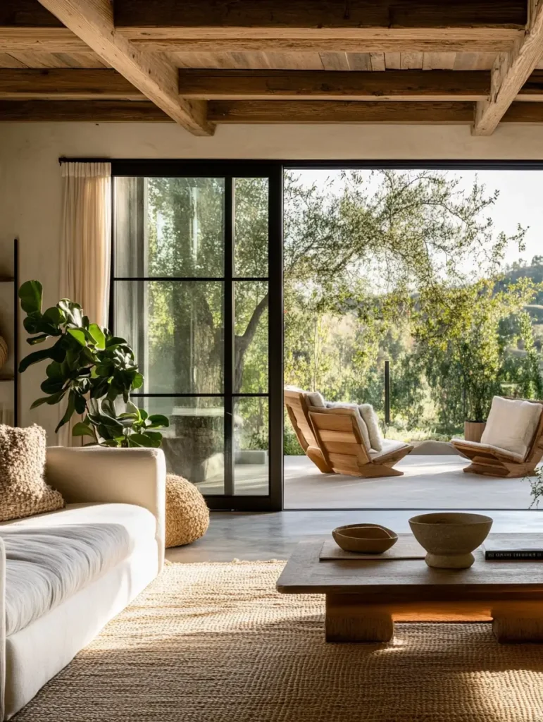 Earthy living room with seamless indoor-outdoor connection, featuring natural textures, large windows, and greenery.