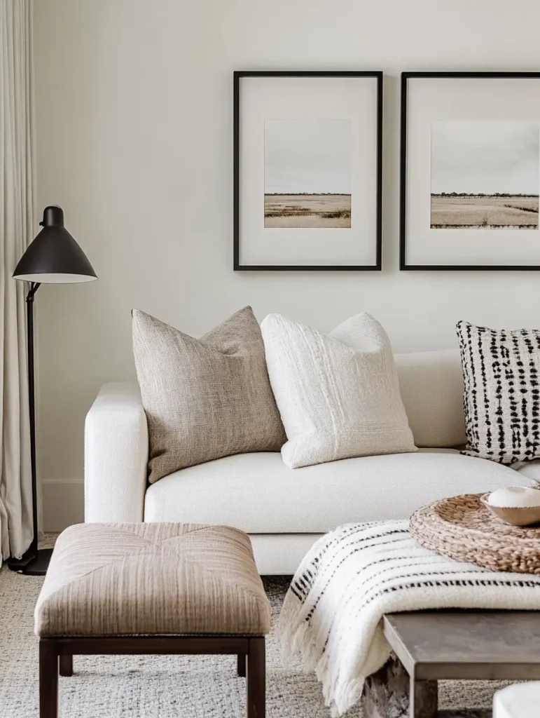 Neutral living room with dark accent details including a black floor lamp and framed wall art.