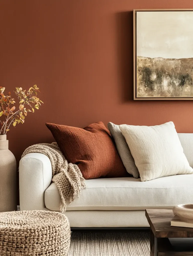 Modern living room with warm terracotta walls and neutral-toned furniture and decor.