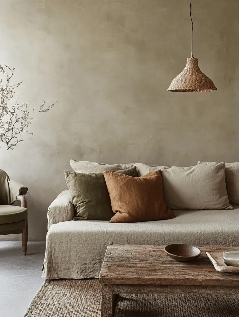 Neutral earthy-toned living room with linen sofa, muted pillows, rustic coffee table, and woven pendant light.