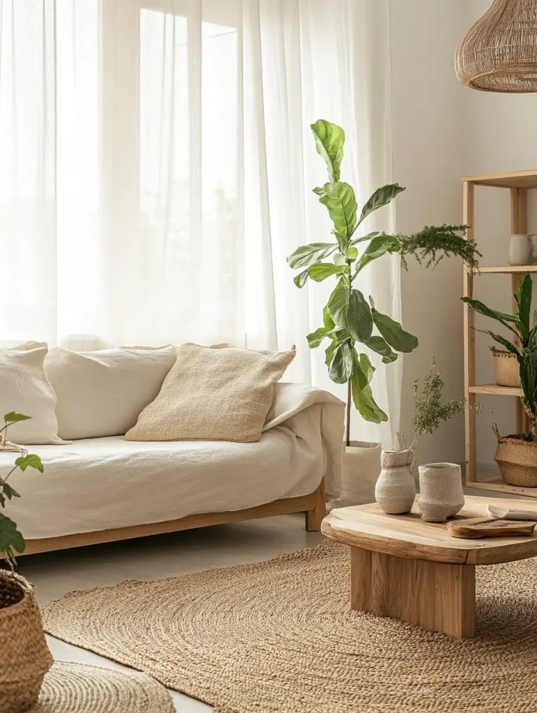 Earthy living room with a natural wood coffee table, white sofa, woven rug, indoor plants, and soft sheer curtains.