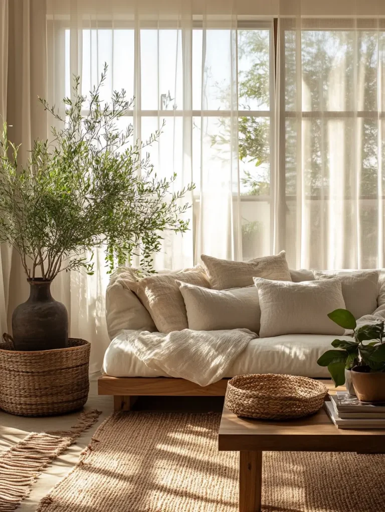 Earthy living room interior with a neutral-toned sofa, woven rug, wooden coffee table, and potted plants bathed in warm natural sunlight through sheer curtains.