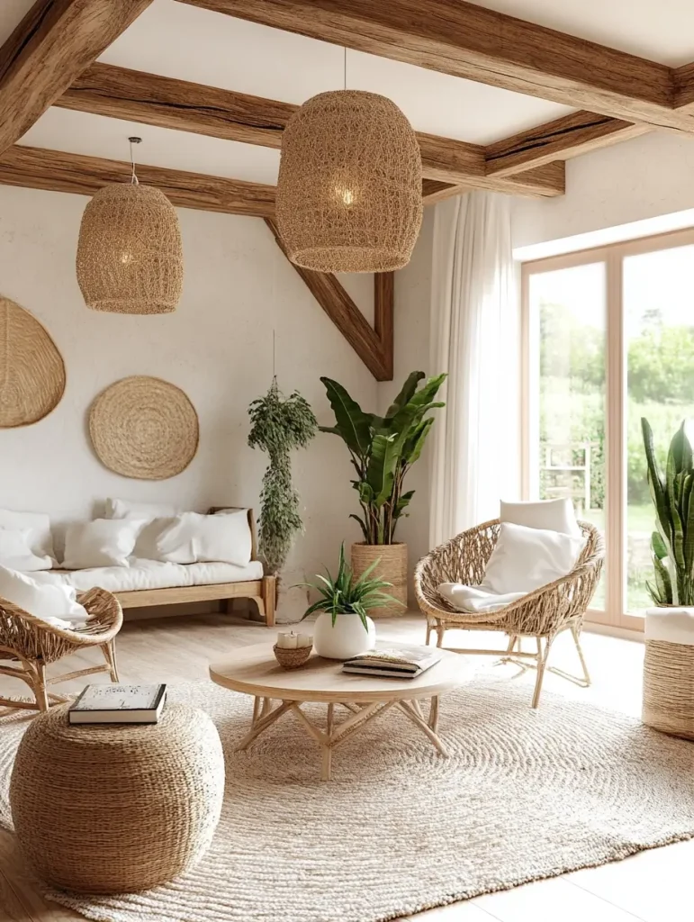 Cozy living room with rattan furniture, exposed wooden beams, and natural textures.
